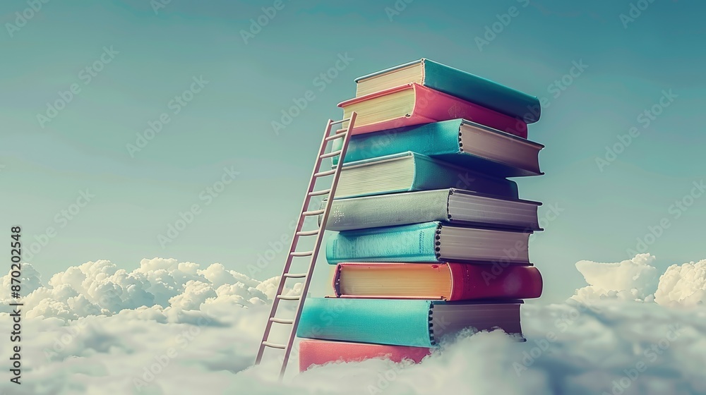 Abstract book stack with ladder on sky with clouds background. Ladder ...