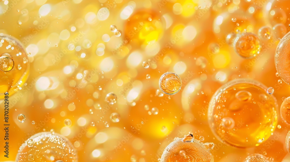 A vibrant yellow texture of cosmetic ingredient liposomes infused with vitamin C is displayed in close-up detail. A vibrant yellow texture of cosmetic ingredient liposomes infused with vitamin C is displayed in close-up detail.