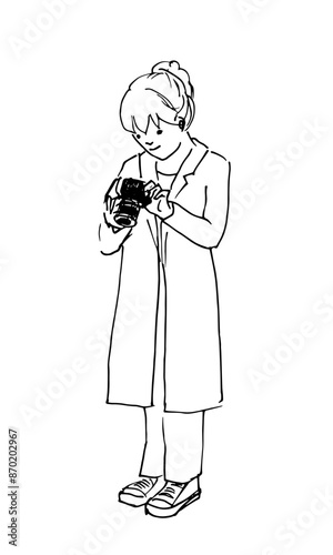 カメラを持つ女性の線画イラスト