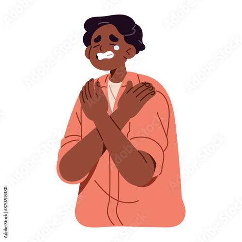 Upset boy cries and hugs self. Sad teenager with tears on face. Depressed teen person sobbing with sorrow feelings. Grief emotion, misery facial expression. Flat isolated vector illustration on white