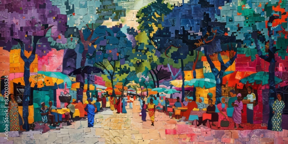 Fototapeta premium Vibrant Street Market in Mosaic Style with Lively Atmosphere