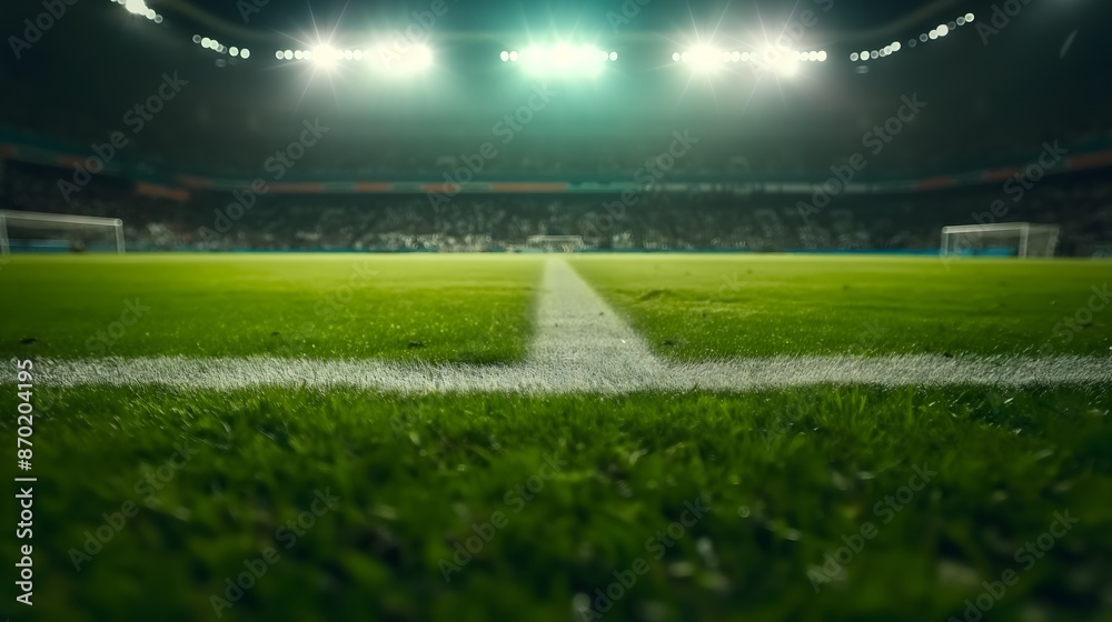Obraz premium Bright stadium lights illuminating the field at night, creating a dramatic and vibrant scene for sports events and large gatherings