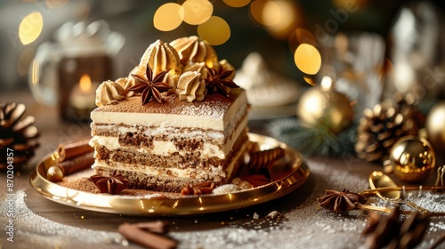 Festive Christmas Dessert Tiramisu Sponge Cake In A Bright Rustic Kitchen With Golden Decorations, A Joyful Treat