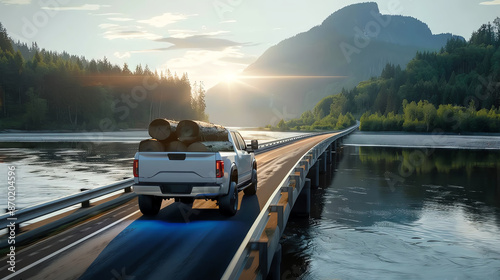 Fototapeta Naklejka Na Ścianę i Meble -  Scenic sunset over a peaceful lake with a truck carrying logs crossing a bridge, surrounded by snowy mountains and pine trees.