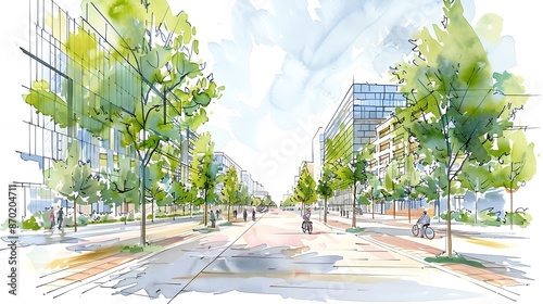 Modern urban city street with green trees and people riding bicycles, sketch illustration with watercolor for landscape architecture design concept rendering of master plan on white background, eye le