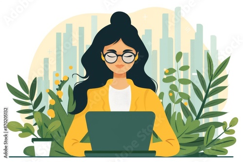 Woman with laptop in green setting creating a relaxing and productive workspace