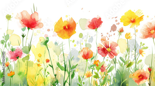 Watercolor blooming spring flowers with splash background. Green leaves, field wild summer bloom, herbs. beautiful composition. Illustration isolated on a transparent background