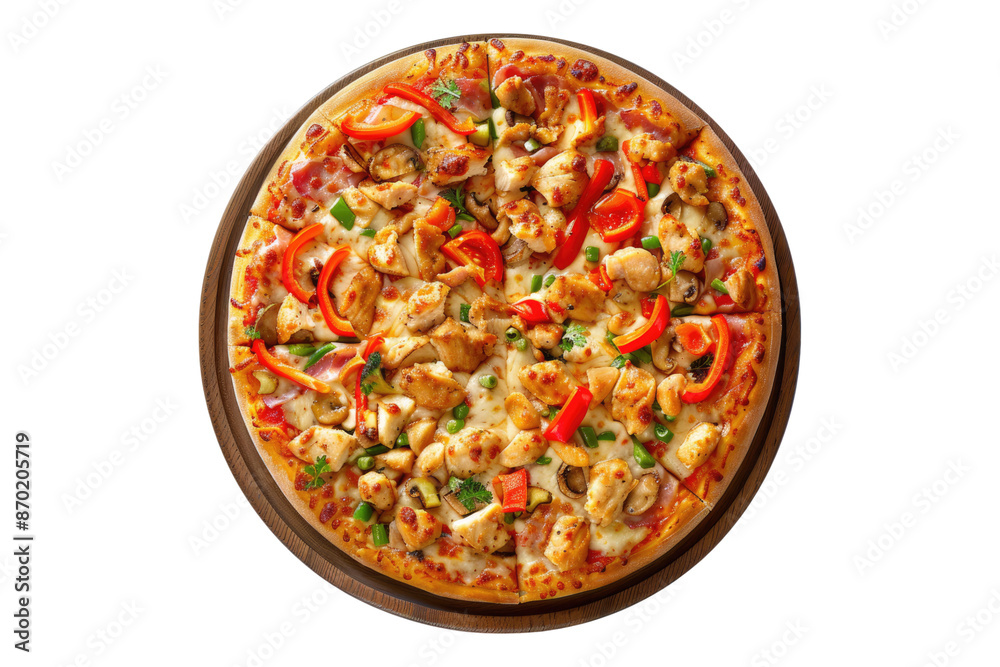 Pizza with chicken meat and vegetable isolated on transparent background Pizza with chicken meat and vegetable isolated on transparent background