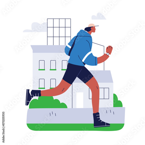 Jogger running outdoors. Healthy exercise and cardio workout in city. Active black man jogging. Runner, physical sport activity, training. Flat vector illustration isolated on white background