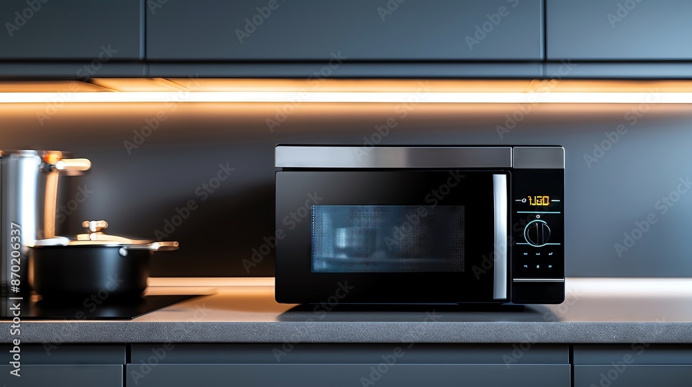 Obraz premium Modern kitchen interior with a sleek black microwave oven on a countertop, illuminated by under-cabinet lighting.