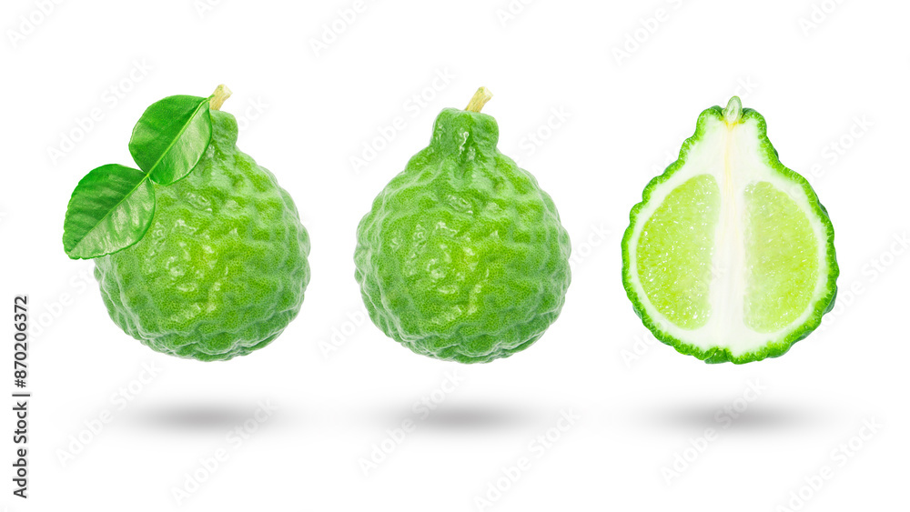 Naklejka premium Flying bergamot has leaf with slice isolated on white background , clipping path.