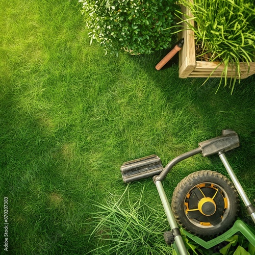 Old Lawn Mower on Lush Green Grass, Garden lawn care tools isolated on grass. photo