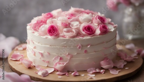 A multi-layered pink and white flower adorned cake on a wooden table with 12 rose petals scattered around it.