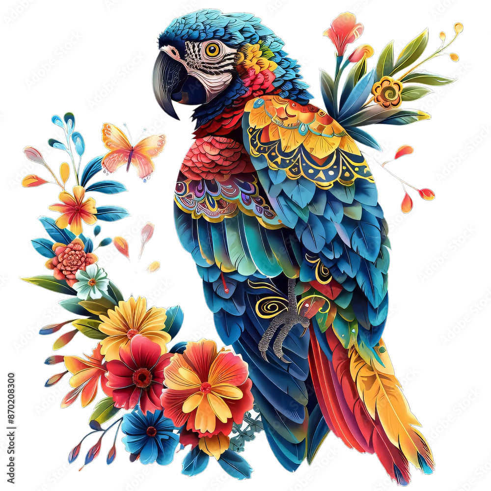 Obraz premium Macaw and Flowers Isolated