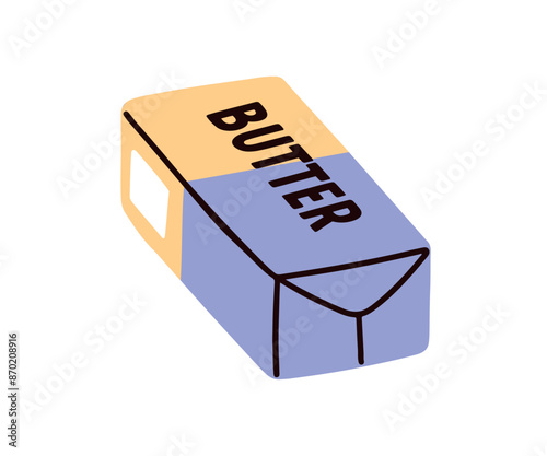 Butter block, wrapped bar piece. Milk dairy creamy product packed in package, paper wrapping. Whole ingredient. Natural solid spread icon. Flat vector illustration isolated on white background