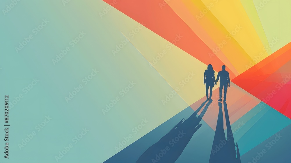 Fototapeta premium A couple walking in a rainbow colored tunnel