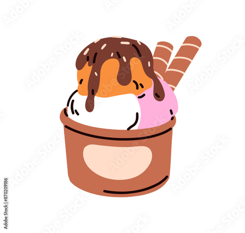 Ice cream scoops in paper cup. Sweet frozen dessert, summer treat. Icecream, milk dairy creamy delicious balls with syrup and waffle sticks. Flat vector illustration isolated on white background