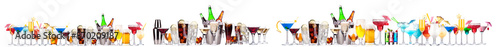 Different alcohol cocktails like beer, martini, soda, champagne, whiskey photo