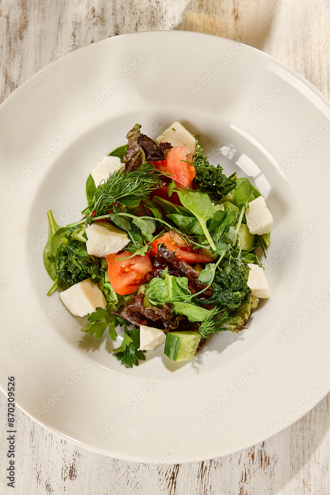 Greek Salad in White Plate Amid Summer Still Life Fresh, Sunlit, Wooden Background Greek Salad in White Plate Amid Summer Still Life Fresh, Sunlit, Wooden Background