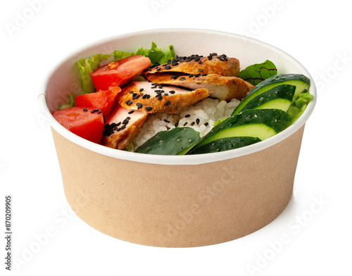 Take out poke bowl isolated on white background photo