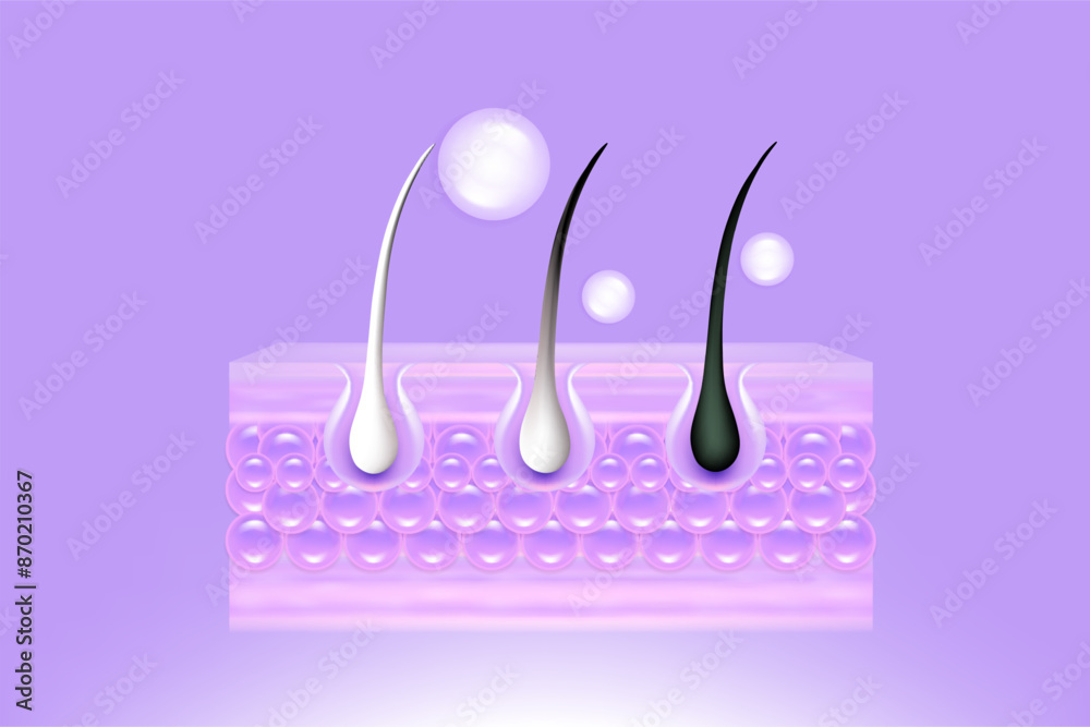 Hyaluronic acid and Niacinamide gray hair and skin solutions ad, purple collagen serum drops into skin cell with cosmetic advertising background ready to use, illustration vector. Hyaluronic acid and Niacinamide gray hair and skin solutions ad, purple collagen serum drops into skin cell with cosmetic advertising background ready to use, illustration vector.