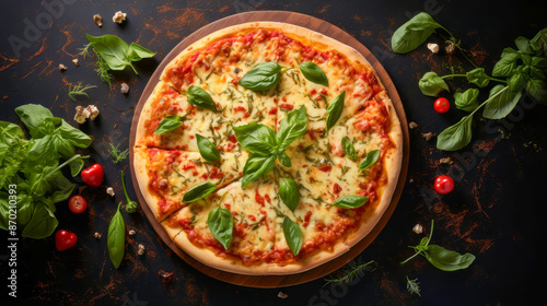 Delicious aromatic pizza with gooey cheese, salami, pepperoni, and basil, next to the ingredients on a dark table surface.