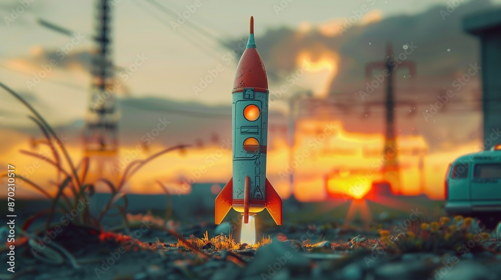 An imaginative toy rocket standing ready for launch, with vibrant colors and realistic details mimicking a real space mission.