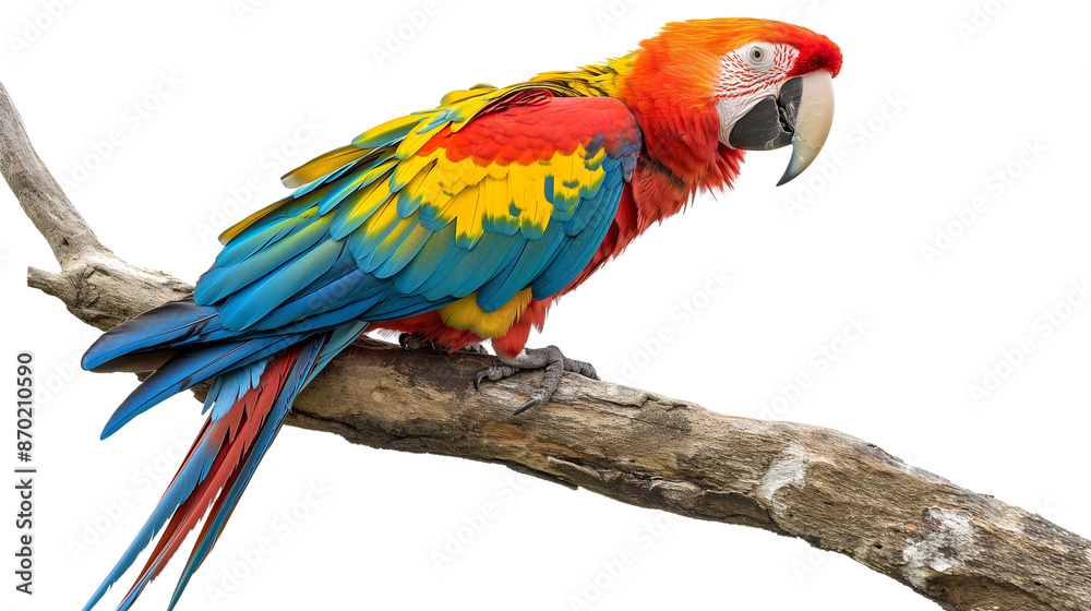 Obraz premium A colorful parrot is perched on a branch isolated on a transparent background
