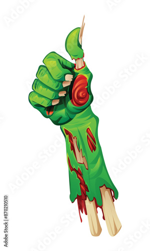 Zombie hand making a thumbs up sign with detailed torn skin and exposed bones. Vector cartoon illustration