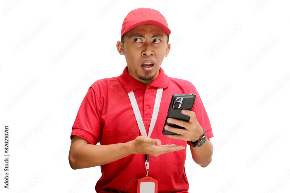 Shocked Asian delivery man or courier reacting to unexpected news, such as delay in shipping, damaged package, or unsuccessful transaction or delivery. Isolated on a white background Shocked Asian delivery man or courier reacting to unexpected news, such as delay in shipping, damaged package, or unsuccessful transaction or delivery. Isolated on a white background