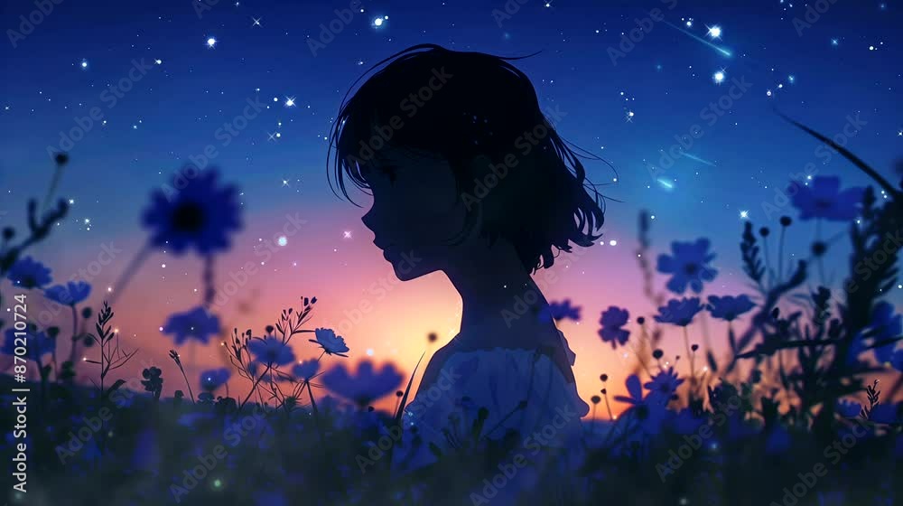 A girl surrounded by wildflowers under starlit sky. Anime or digital painting style, looping 4k video animation background A girl surrounded by wildflowers under starlit sky. Anime or digital painting style, looping 4k video animation background