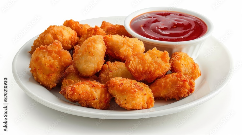 Front View Of Chicken Nuggets With Chili Sauce On A White Plate, Isolated On White Background Front View Of Chicken Nuggets With Chili Sauce On A White Plate, Isolated On White Background