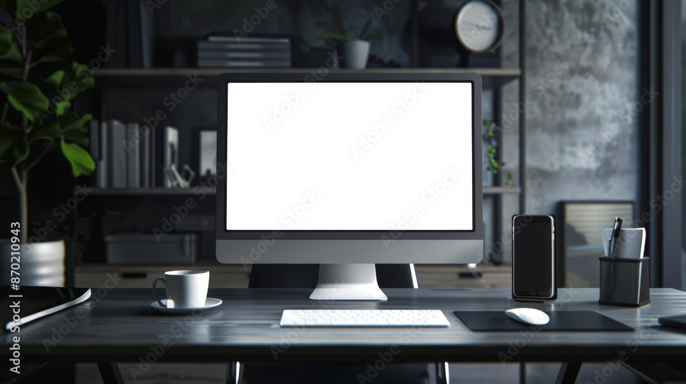 Fototapeta premium Mockup computer monitor. There is a computer monitor, a cup of coffee, a keyboard, a mouse and a mobile phone on the desk