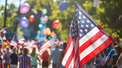 Patriotic Parade with American Flags and Festive Floats Celebrating National Pride