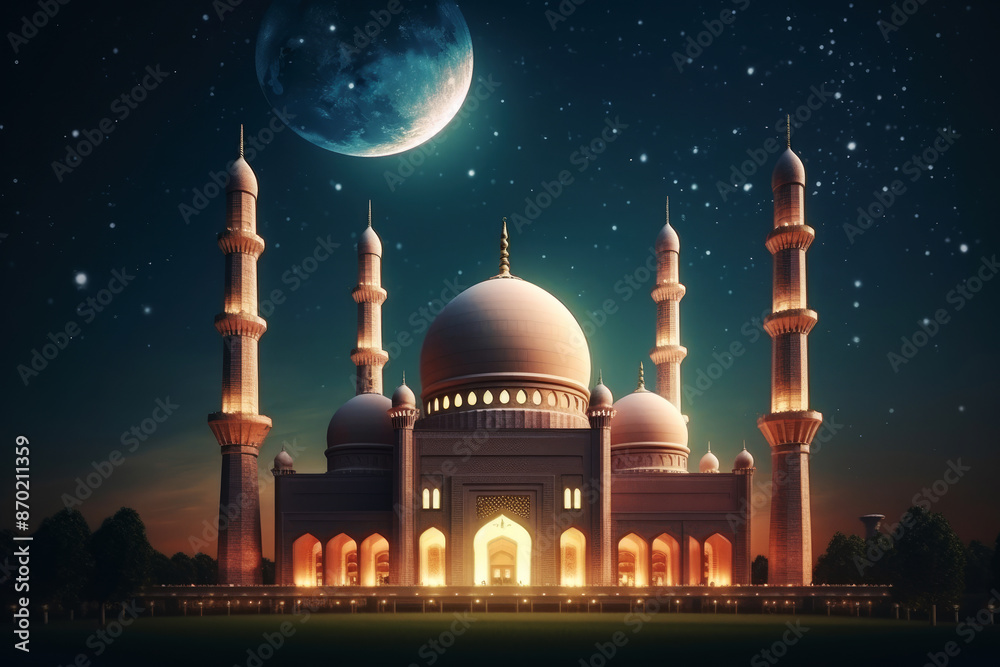 custom made wallpaper toronto digitalgenerated illustration of a big mosque on Blue full moon in night background.