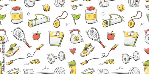 Doodle gym sketch health seamless pattern background. Hand drawn sketch doodle healthy sport, gym fit exercise equipment background. Seamless pattern tennis ball, bottle, dumbbell. Vector illustration