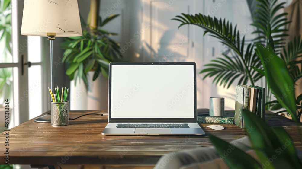 Laptop mockup in a stylish green home office. There is an open laptop on a wooden table with a lamp. The table is littered with books and a mouse Laptop mockup in a stylish green home office. There is an open laptop on a wooden table with a lamp. The table is littered with books and a mouse