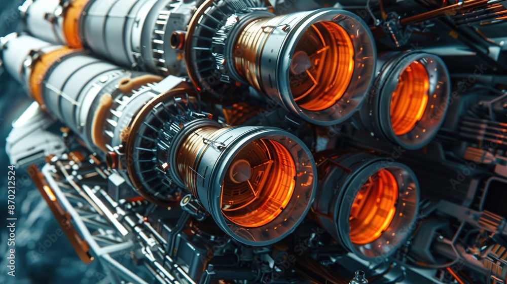 A close-up view of a powerful rocket booster, showing intricate details of its engines and heat-resistant materials.