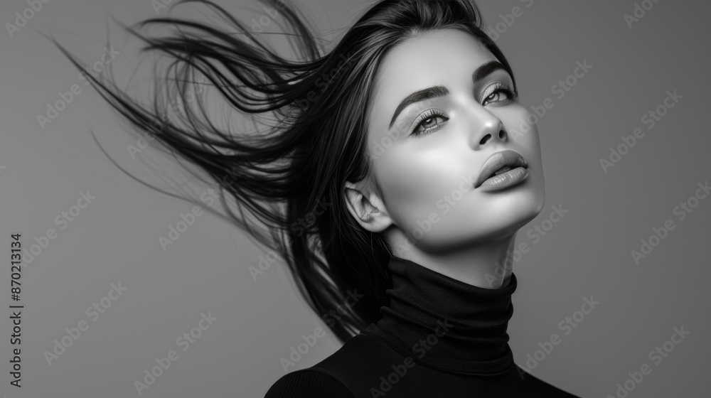 Elegant woman in black turtleneck, high bun, black and white fashion art studio portrait. Ballet style. Elegant woman in black turtleneck, high bun, black and white fashion art studio portrait. Ballet style.