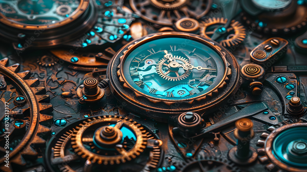 A detailed close-up of a steampunk pocket watch A detailed close-up of a steampunk pocket watch