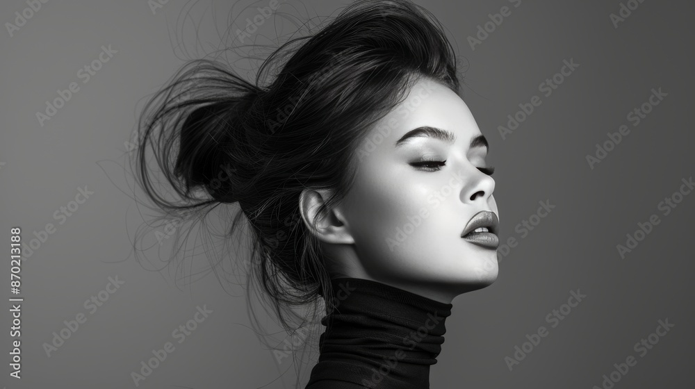 Elegant woman in black turtleneck, high bun, black and white fashion art studio portrait. Ballet style.