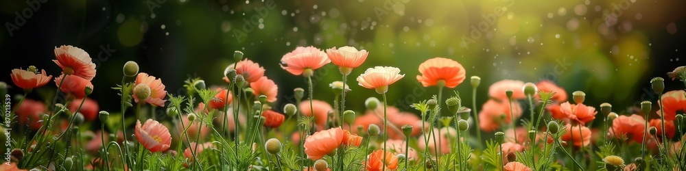 Obraz premium Elegant flowering meadow with coral blossoms, providing large copy space for text, suitable for summer garden themes.
