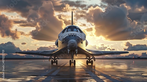 A detailed illustration of a reusable space shuttle landing on a runway after a successful mission to deploy satellites into orbit.