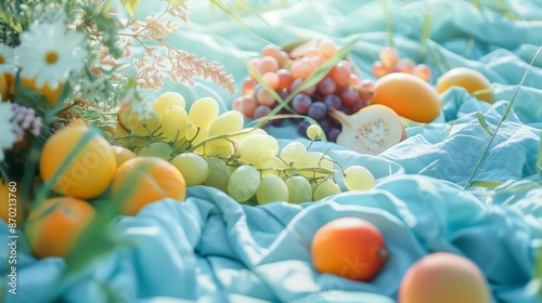 Serene summer picnic with pastel blue blanket and fresh fruits, providing large copy space for text, ideal for outdoor event themes. photo