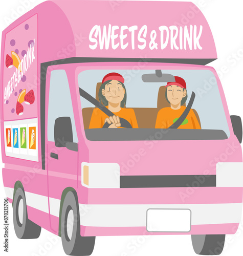 キッチンカーを運転する女性達のイラスト