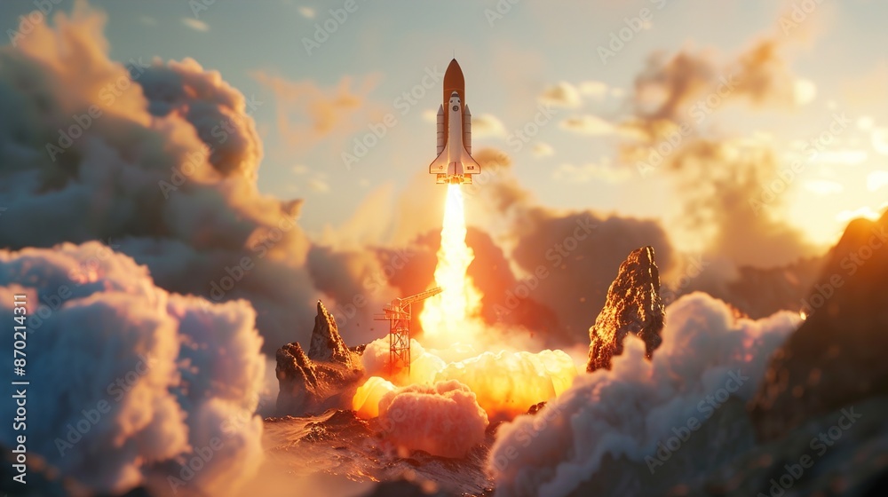 A digitally created scene of a toy rocket launch from a futuristic launch pad, with smoke and flames billowing underneath.