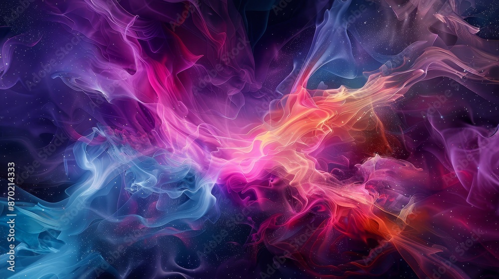 Fractal fire and barbs intertwine with many colored shapes, against a galactic background, filled with vibrant smoke and saturated hues, creating a futuristic visual spectacle