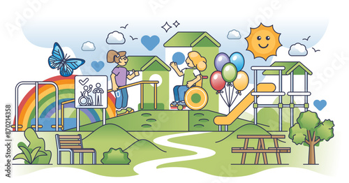 Inclusive playground with handicap or special needs equipment outline concept, transparent background. Disabled kid entertainment park with easy accessibility and interactivity illustration.