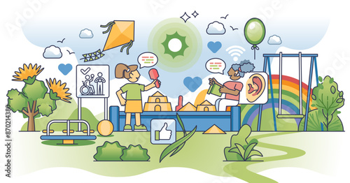 Inclusive playground for diverse kids with special needs outline concept, transparent background.Children playtime area with physical or accessibility challenges illustration.