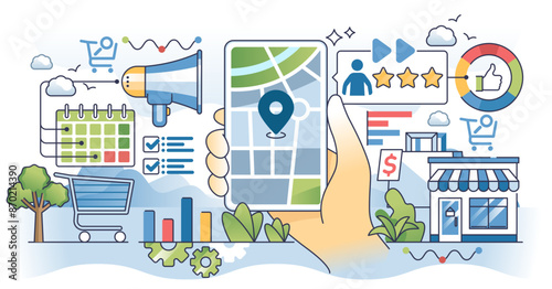Local digital marketing strategies with store ads outline hands concept, transparent background. Commerce strategy with GPS location advertisements and special offers.